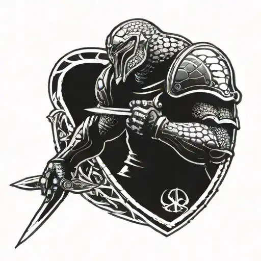 side profile goliath in snake armour holding sword and shield tattoo design idea