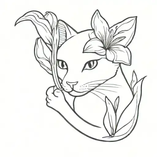 A simple Cat holding a lily flower tattoo design idea
