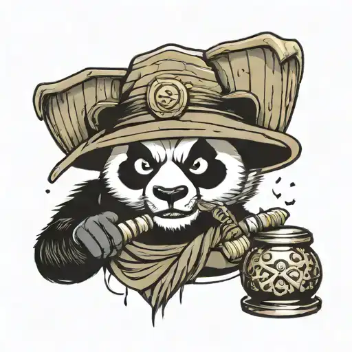 shaolin panda with straw hat and thor hammer and plinko balls  tattoo design idea