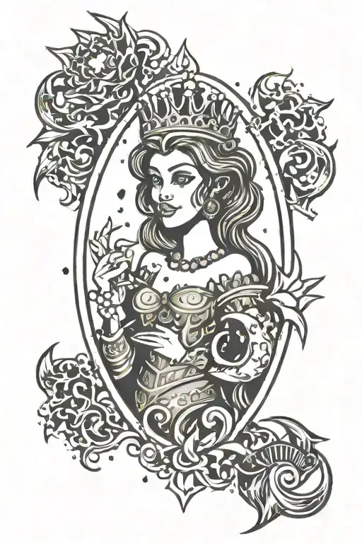 princess with Scorpio zodiac sign surrounded with fire flames under it with the i dotted with a crooked crown tattoo design idea