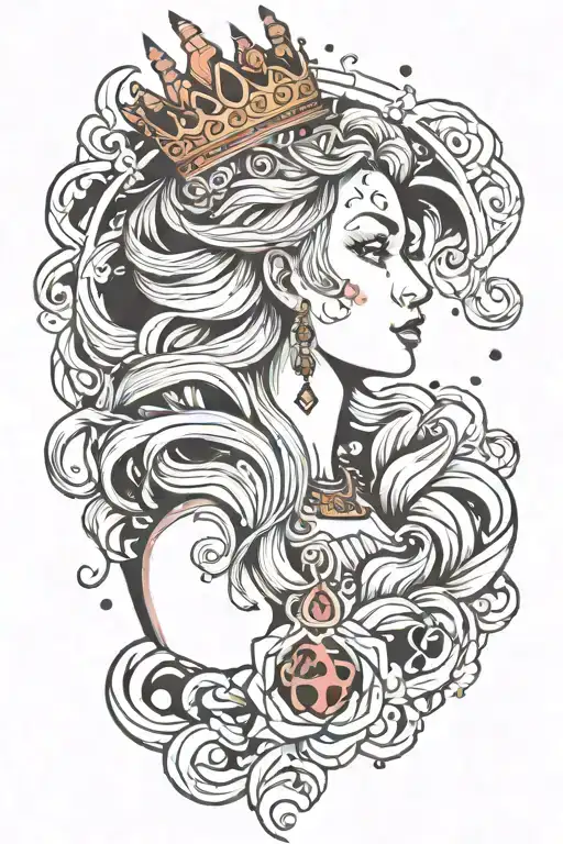princess with Scorpio zodiac sign with fire flames under it and the i dotted with a crooked crown tattoo design idea