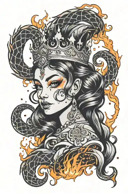 princess with Scorpio zodiac sign surrounded with fire flames under it with the i dotted with a crooked crown tattoo design idea