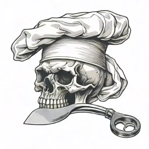 Create a tattoo of a skull wearing a chef's hat holding a pizza cutter tattoo design idea