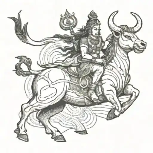 A sketch-style tattoo of Shiva riding on his mount, Nandi the bull, with dynamic linework and a sense of movement tattoo design idea