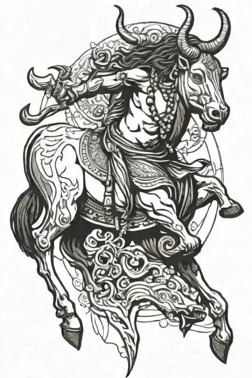 A sketch-style tattoo of Shiva riding on his mount, Nandi the bull, with dynamic linework and a sense of movement tattoo design idea