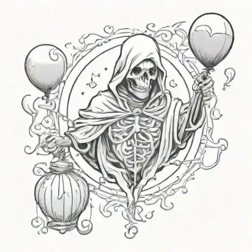 Grim Reaper Sacred Heart shaped balloons floating tattoo design idea