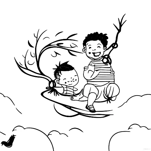 little boy pushing baby girl on swing, tied to a tree branch, both kids ebony and black hair, tatoo tattoo design idea
