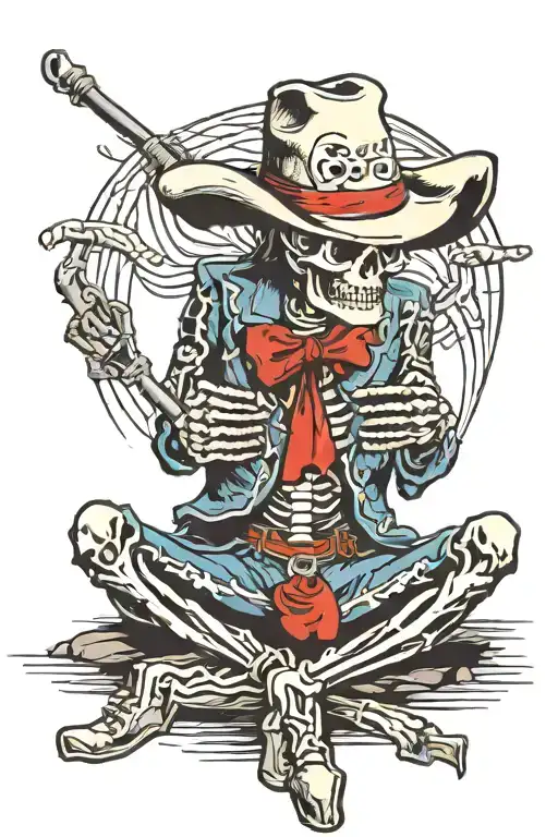 dead cowboy skeleton sitting tattoo design idea