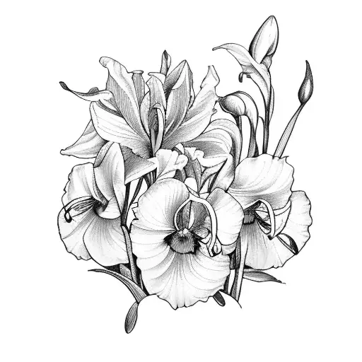 A beautiful bouquet of snowdrops, iris, rose, and cosmos flowers intertwined with a sunflower  tattoo design idea