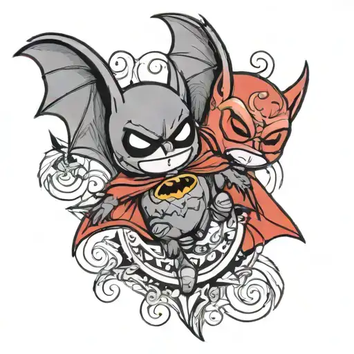 small cartoon bat next to a small cartoon red robin, but they are wearing batman and robin masks tattoo design idea