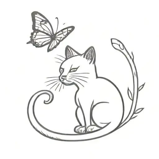 line art cat extending upwards with the tail flowing downwards. a small heart is at the end of the tail and a butterfly  tattoo design idea