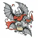 small cartoon bat next to a small cartoon red robin, but they are wearing batman and robin masks tattoo design idea