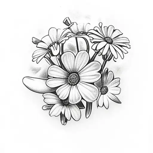 A beautiful bouquet of daisies and petunias with a dove perched on top tattoo design idea