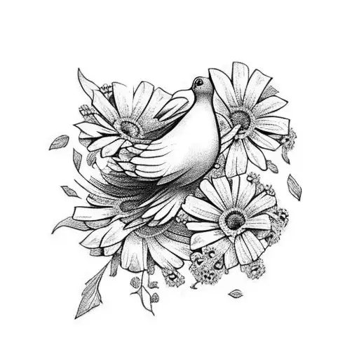 A beautiful bouquet of daisies and petunias with a dove perched on top tattoo design idea