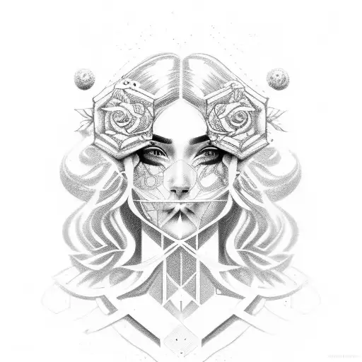 cubism face with rose Starbucks hair tattoo design idea