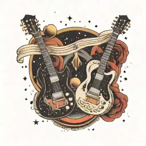 Two electric guitars with roman numerals on the fretboard with a universe background  tattoo design idea