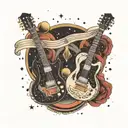 Two electric guitars with roman numerals on the fretboard with a universe background  tattoo design idea