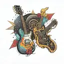 Two electric guitars with roman numerals on the fretboard with a universe background  tattoo design idea