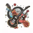 Two electric guitars with roman numerals on the fretboard with a universe background  tattoo design idea