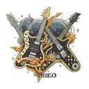 Two electric guitars with roman numerals on the fretboard with a universe background  tattoo design idea