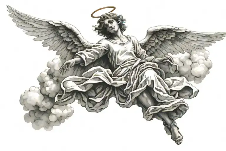 angel flying in sky with clouds. heavy shadows, ultra realistic tattoo design idea