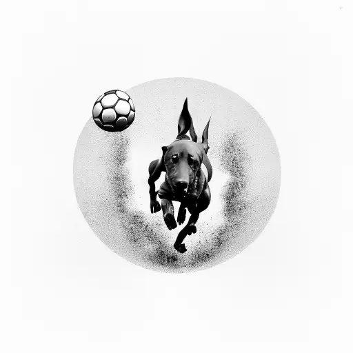 A dynamic black and grey tattoo of a doberman chasing a soccer ball through a Roman colosseum, showcasing the client's passions in a unique way tattoo design idea