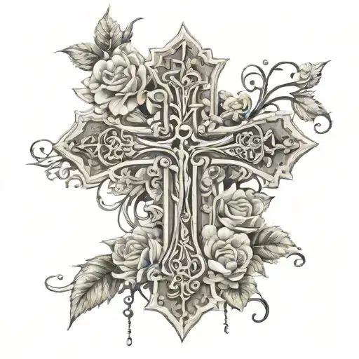 skinny cross with vines growing up the wahs carved and roses tattoo design idea