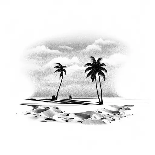 A black-grey tattoo of a beach scene with palm trees and a computer monitor embedded in the sand tattoo design idea