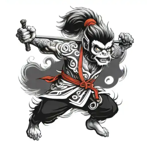 sun wukong realistic black and white whit red tattoo design idea