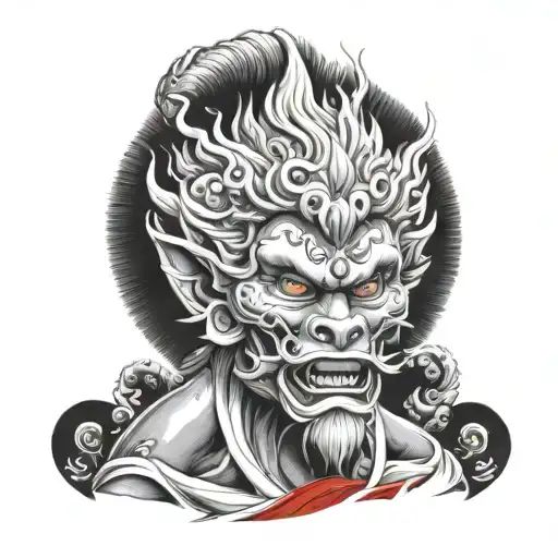 sun wukong realistic black and white whit red tattoo design idea
