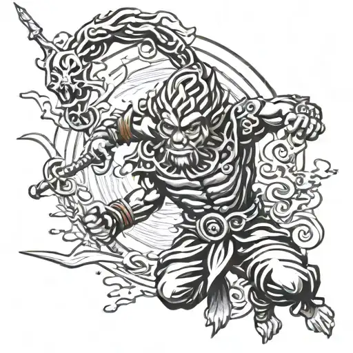 sun wukong realistic style in battle tattoo design idea