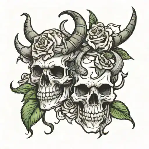 skulls with horns money rose intertwined tattoo design idea