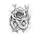 seven rose vines representing each one of the seven deadly sins in christianity ruining me but a flaming sword cuts them tattoo design idea