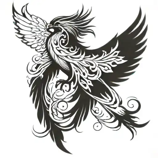 semi-realistic phoenix, flowing lines to convey movement, music notes in the wings tattoo design idea