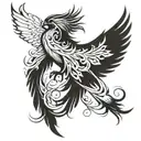 semi-realistic phoenix, flowing lines to convey movement, music notes in the wings tattoo design idea