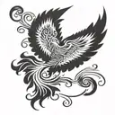 semi-realistic phoenix, flowing lines to convey movement, music notes in the wings tattoo design idea
