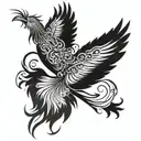 semi-realistic phoenix, flowing lines to convey movement, music notes in the wings tattoo design idea