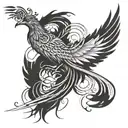 semi-realistic phoenix, flowing lines to convey movement, music notes in the wings tattoo design idea