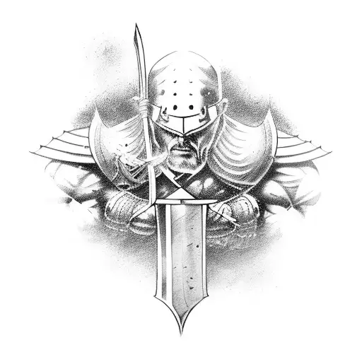 A strong and muscular warrior standing with his back visible, holding a sword in his right hand. tattoo design idea