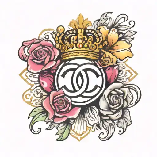 chanel symbol with bow and crown surrounded tattoo design idea