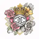 chanel symbol with bow and crown surrounded tattoo design idea
