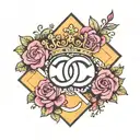 chanel symbol with bow and crown surrounded tattoo design idea