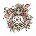 chanel symbol with bow and crown surrounded tattoo design idea