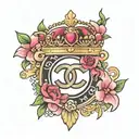 chanel symbol with bow and crown surrounded tattoo design idea