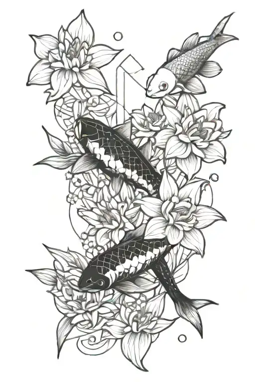 daffodils fine line with two koi fish and diamond stars   tattoo design idea