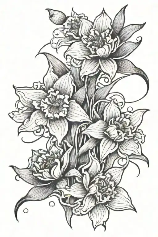 fine line daffodils with two koi fish and whimsy swirls tattoo design idea