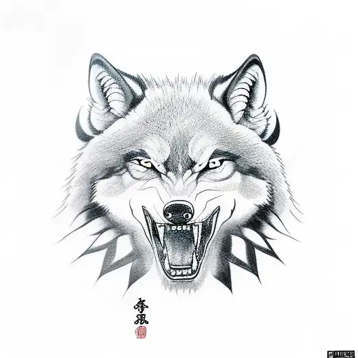 suminagashi, three head wolf, black and White, Red eyes,  tattoo design idea