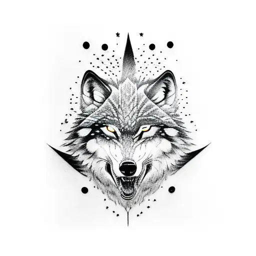 side profile, three heads wolf, black and White, Red eyes,  tattoo design idea