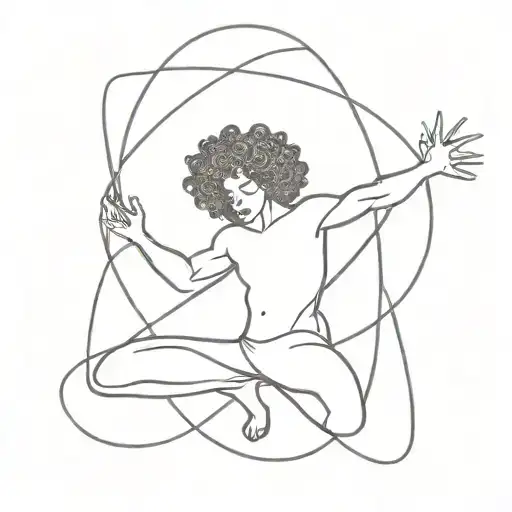 white male dancer with curly hair dancing in an atomic orbital  tattoo design idea