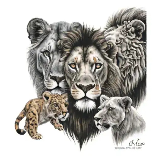 3 lion 1 mom (aries), one boy(libra), one girl younger (gemini), realism with their birth zodiac in their eye tattoo design idea